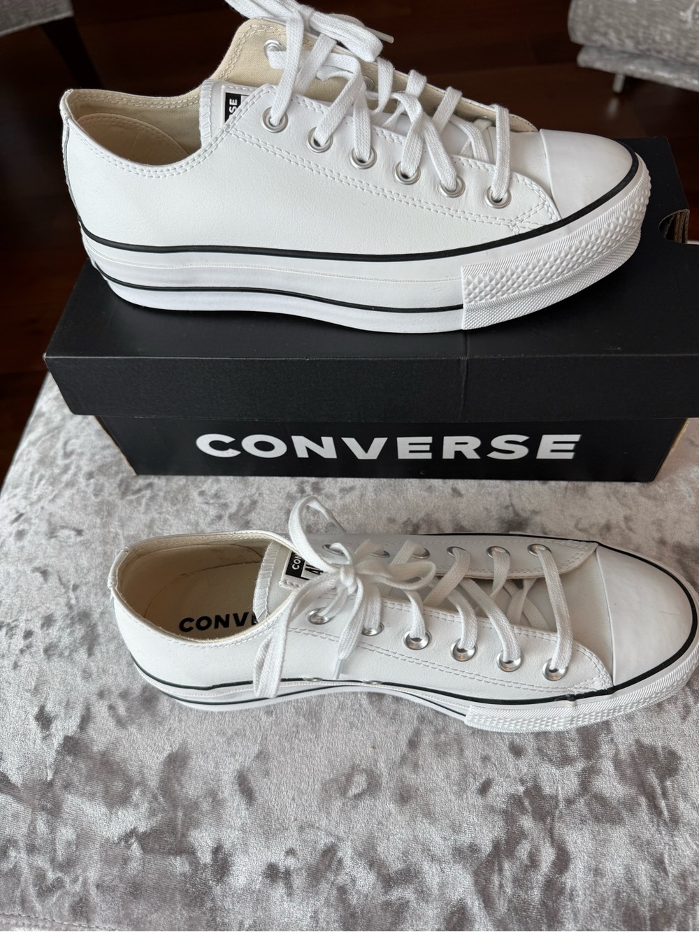 Converse White Low Top Leather Platform Sneakers with Black Trim